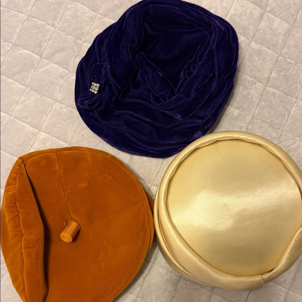 Vintage Hat Trio Orange Velvet, Purple Velvet& Cream Satin - Picture 15 of 16